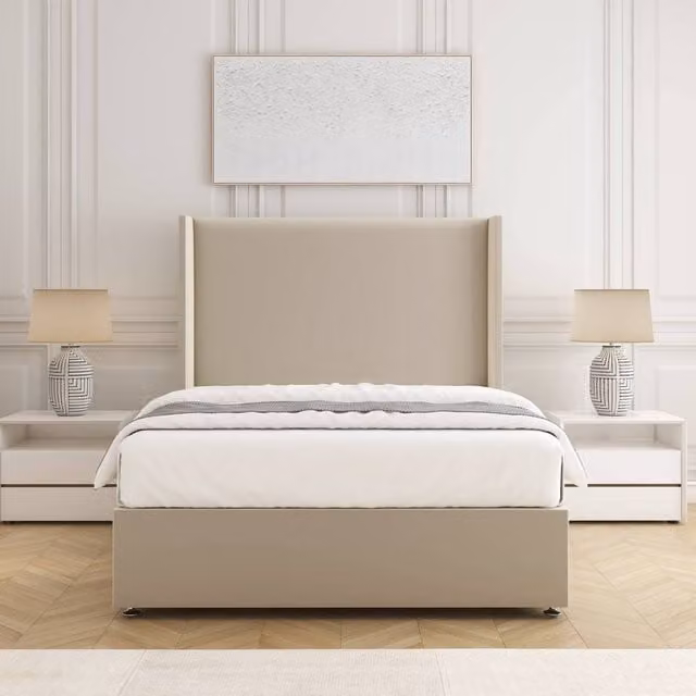 BSSPOKE Austin Divan Bed Set with 54 inch Plush Velvet Headboard and Mattress in Beige, W/D/H: 120 x 200 cm