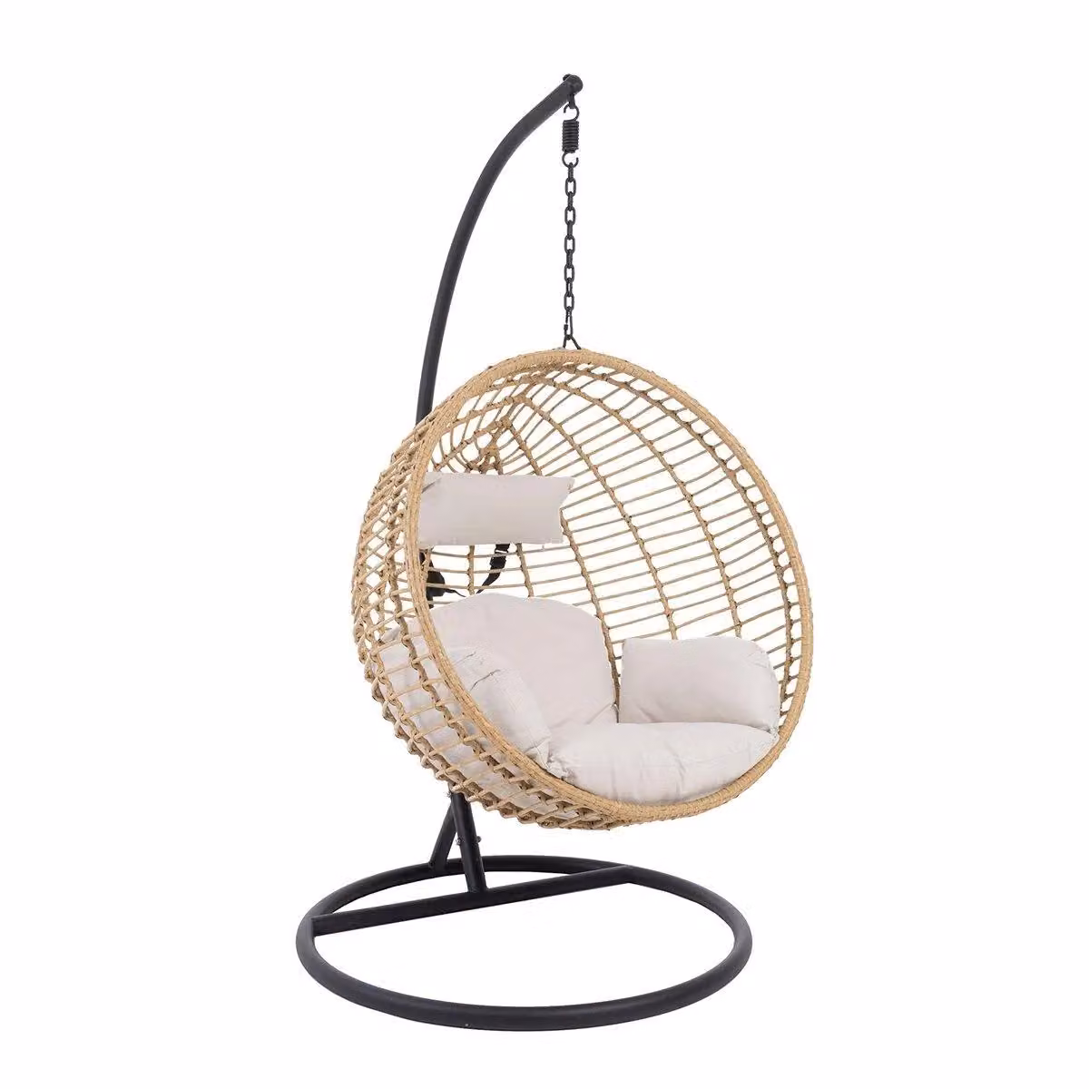 Charles Bentley Single Hanging Swing Chair in Beige with Black Frame and Rattan Weave, H 198 cm x W 104 cm x D 104 cm – 4