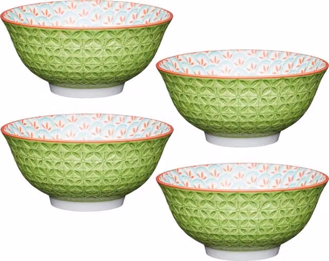 KitchenCraft 4-Piece Geometric Print Ceramic Stoneware Bowl Set in Green