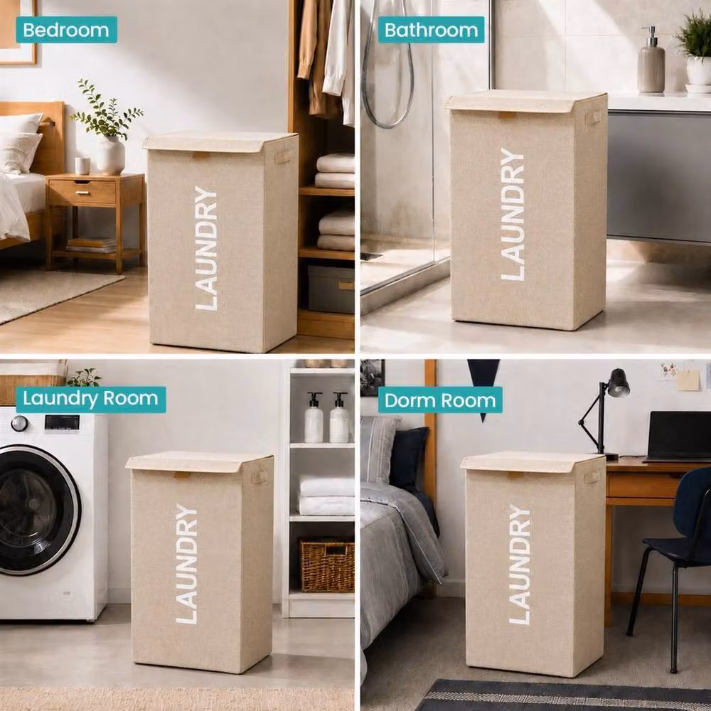 FORGEVIO Beige Collapsible Fabric Laundry Basket with Lid – 3