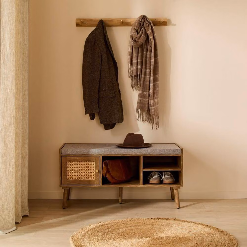 CALICOSY PALMO Shoe Bench with Rattan Front and 1 Door in Brown and Gold, Width: 100 cm – 2