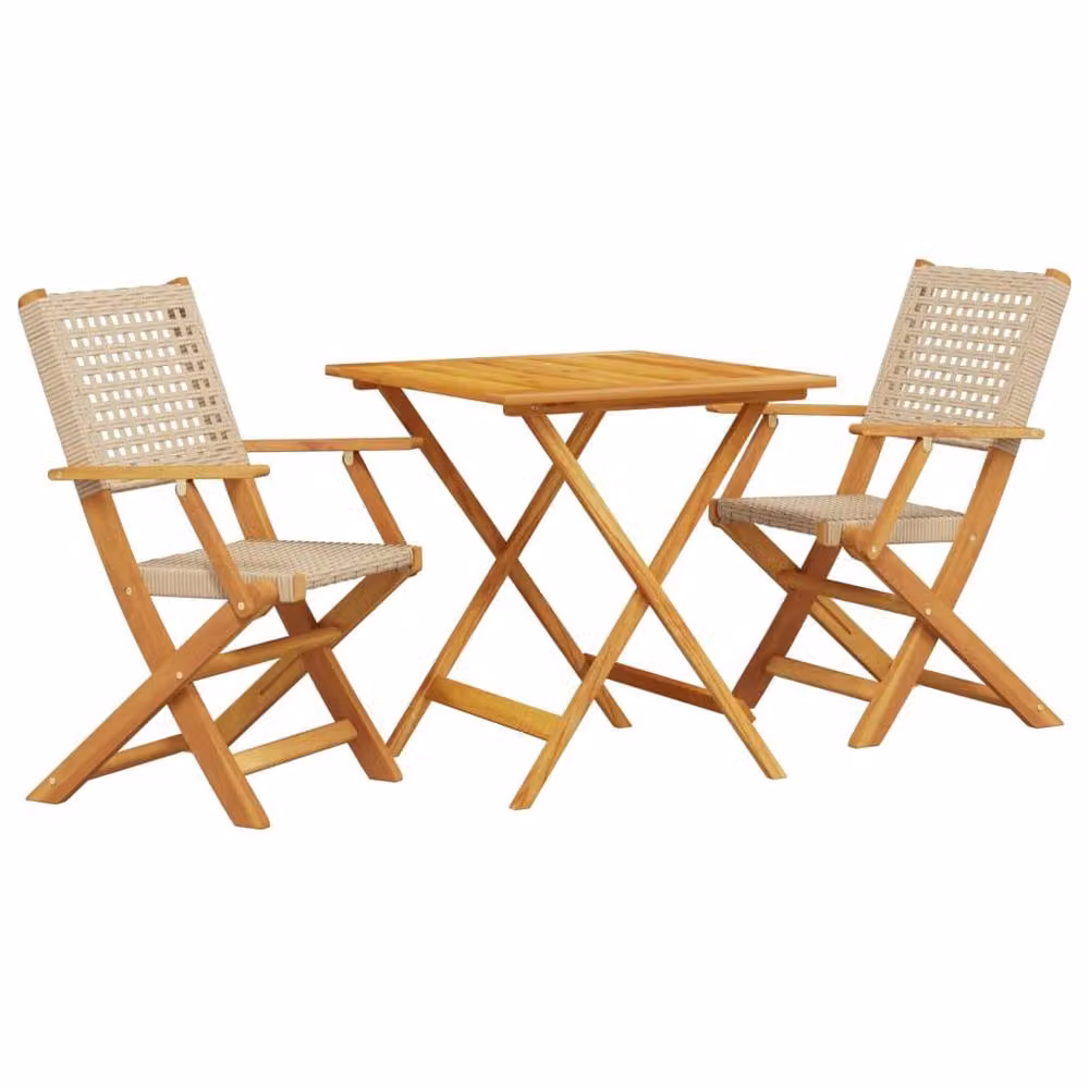 Berkfield Home Beautiful 3 Piece Beige Poly Rattan and Oiled Acacia Wood Bistro Set – 2