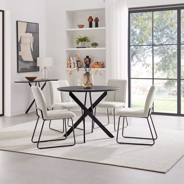 FurnitureboxUK Novara Round Dining Table with 4 Halle Chairs, Black and Cream