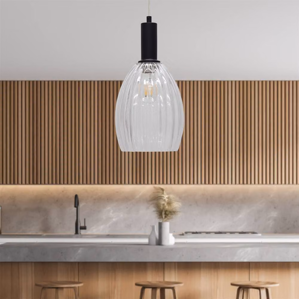 First Choice Lighting Birch Art Deco Pendant Fitting with Transparent Fluted Glass and Black Metal, W/D/H: 17 x 17 x 116.5 cm – 2