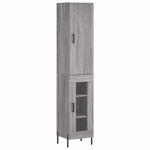 vidaXL Modern Grey Highboard with Glass Doors and Internal Shelves, W/D/H: 34.5 x 34 x 180 cm