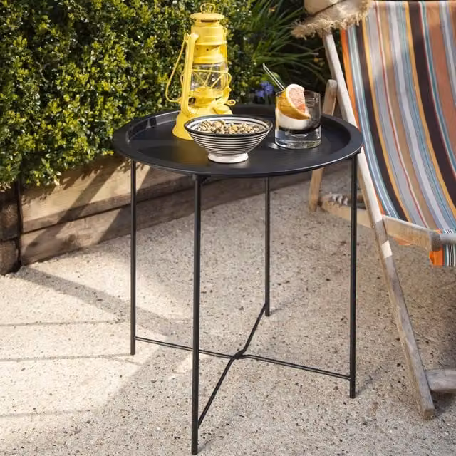 Nöa and Nani Matt Black Round Outdoor Bistro Garden Tray Table in Powder Coated Steel