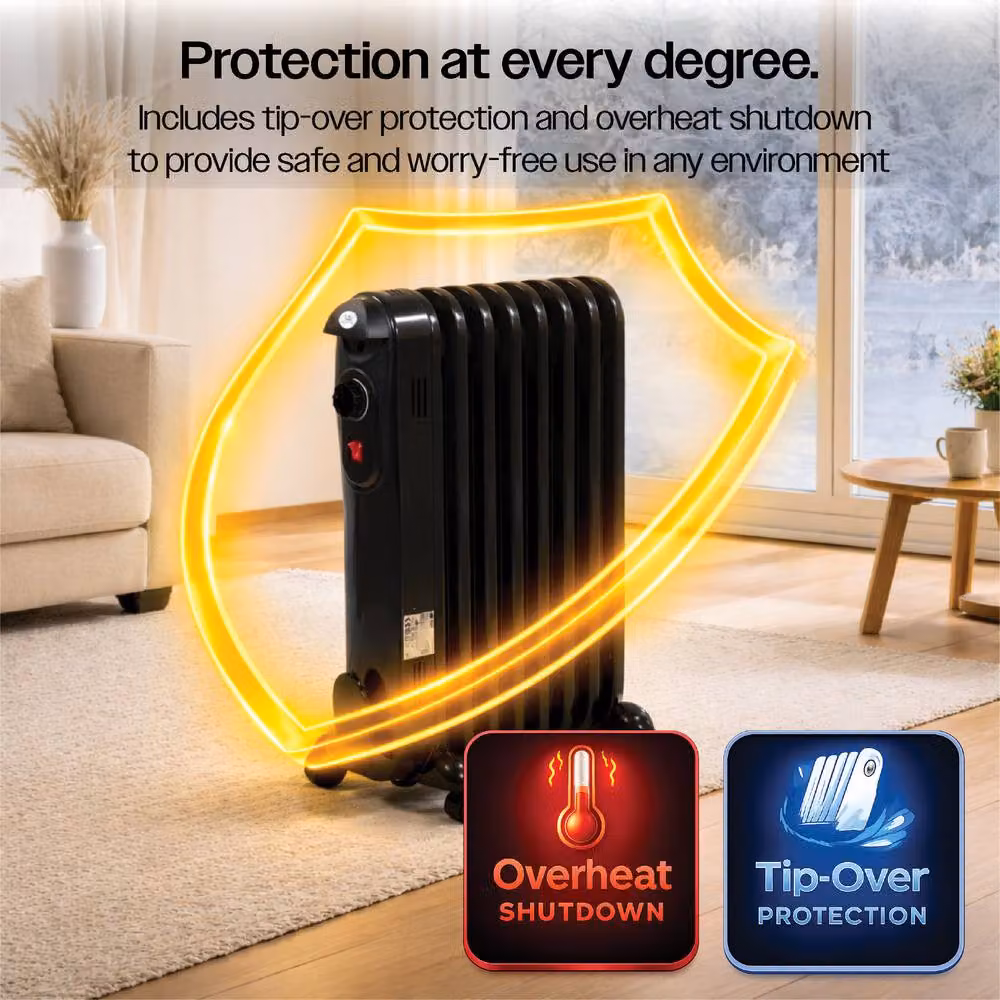 Prem-i-Air 1500W 7-Fin Portable Oil Filled Radiator Heater in Black with Adjustable Thermostat and Safety Features – 5