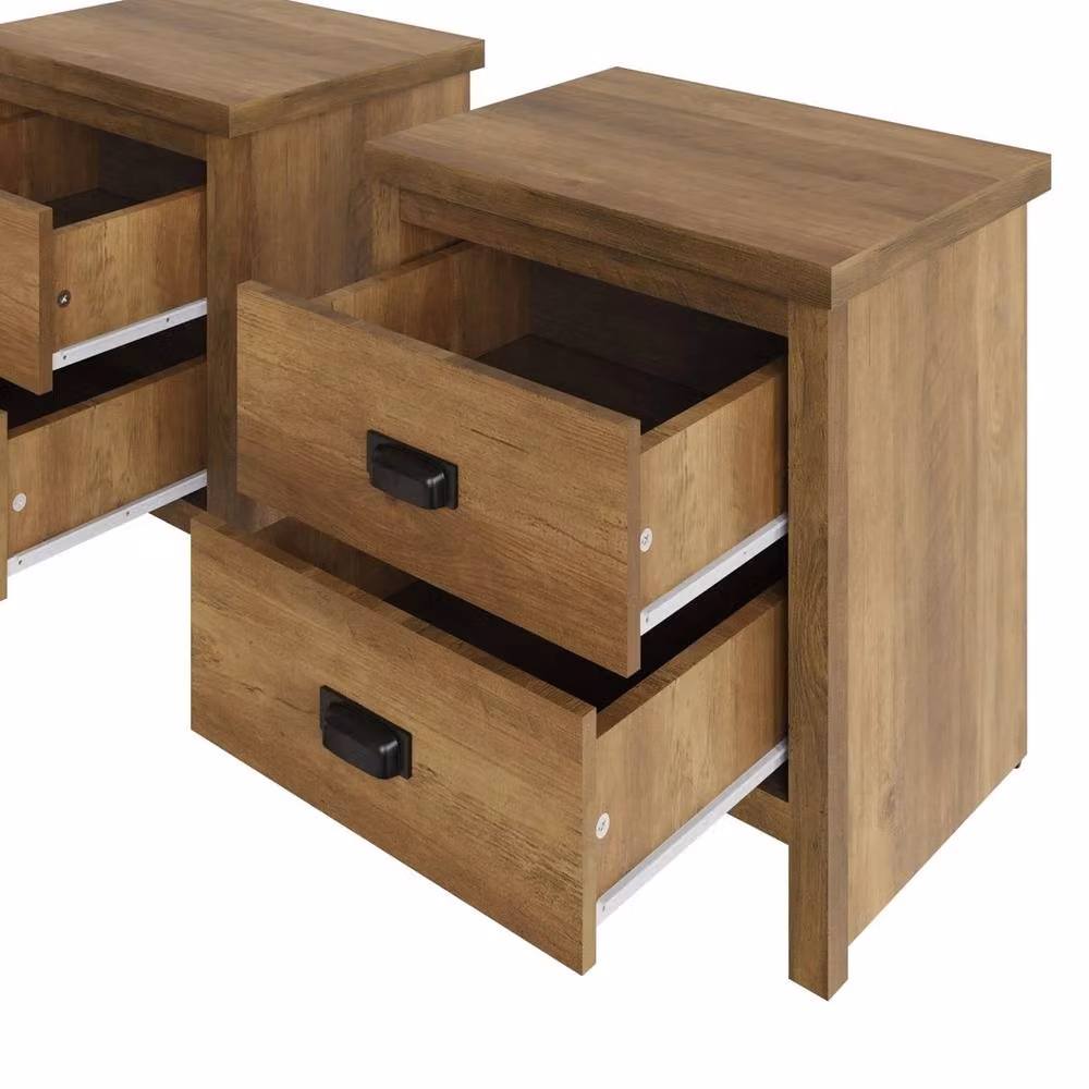 FORGEVIO Pair of Knotty Wild Oak Bedside Tables with 2 Drawers in Brown – 2