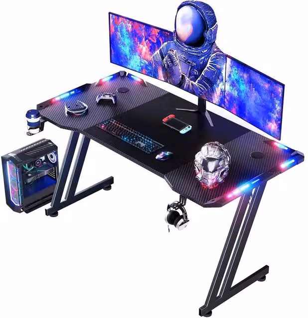 FLAVORA LED Gaming Desk in Black, W: 140 cm, D: 60 cm