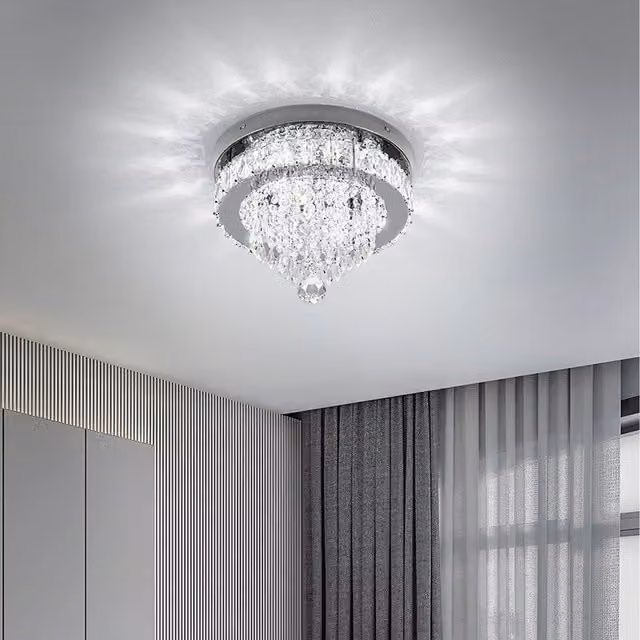 Komore LED Ring Ceiling Light with Silver Stainless Steel and Crystal Pendants, Diameter: 30 cm