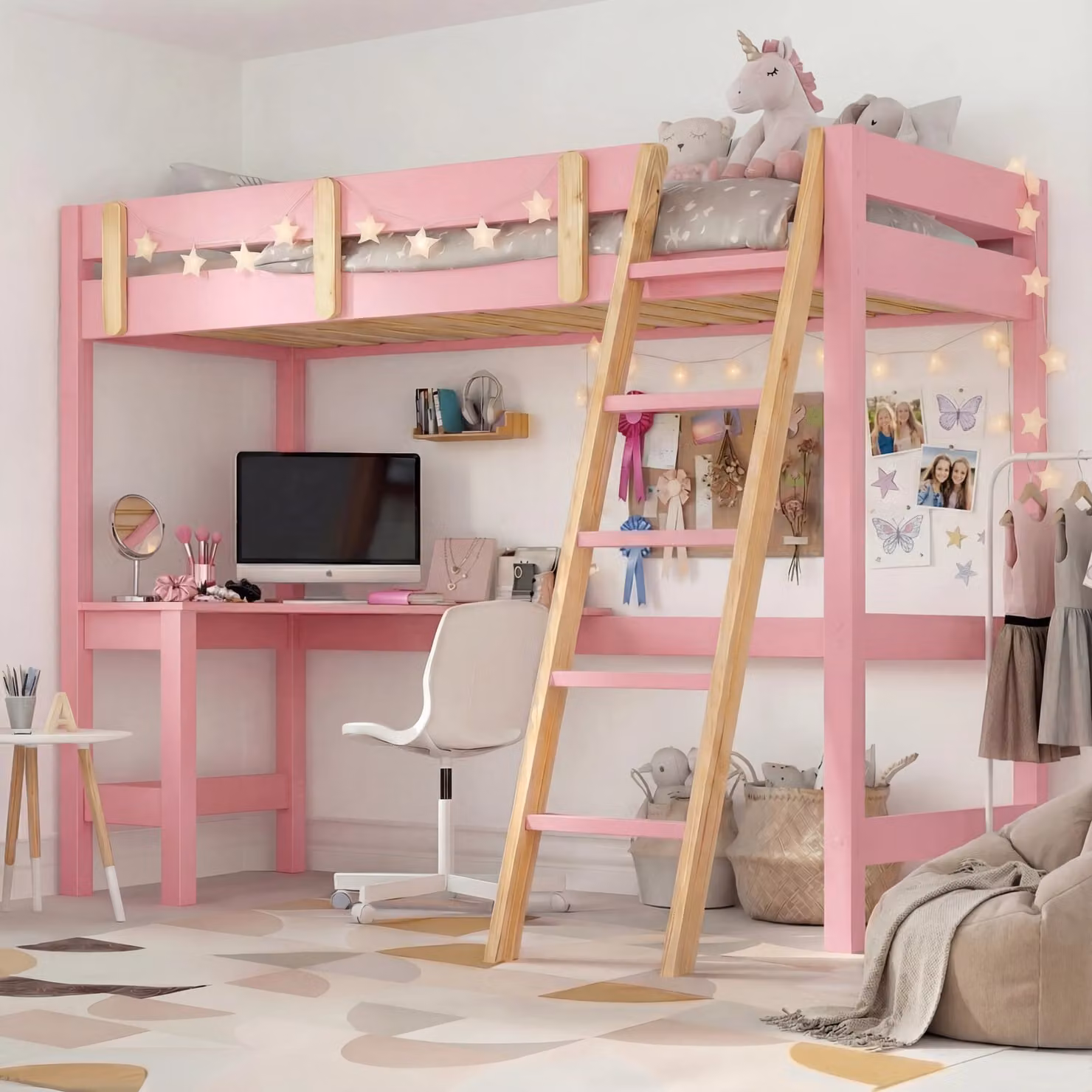 DHS Pink and Pine Solid Wood High Sleeper Loft Bed Frame with Desk for Children W/D/H: 190 x 90 x 159 cm