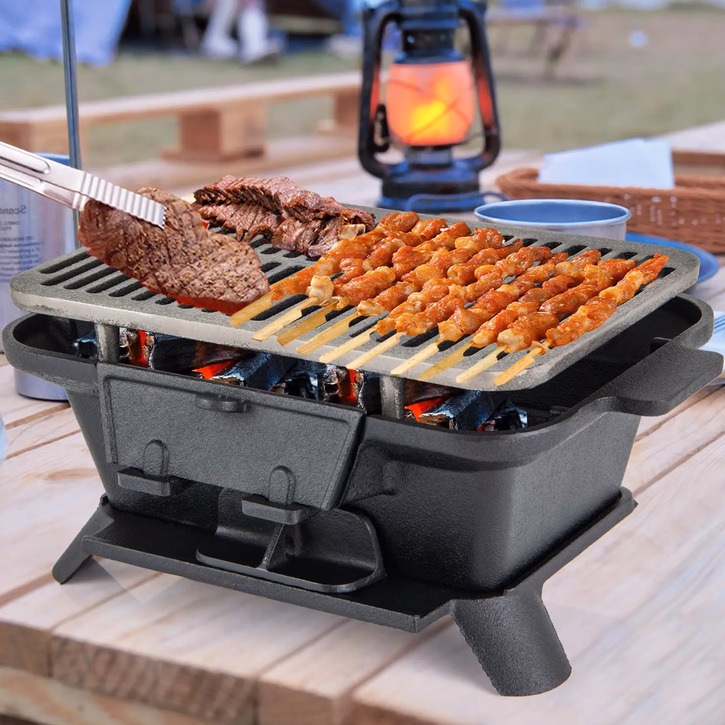 Gymax Portable Cast Iron Charcoal Hibachi Tabletop Grill, Black, W/D/H: 40 x 27 x 18 cm – 9