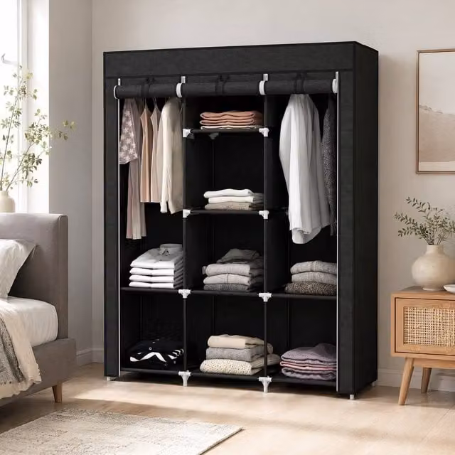 STILVORA Modern Black Roll Shutter Wardrobe with Hanging Rod and Internal Shelves, H 162.5 x W 125.0 cm