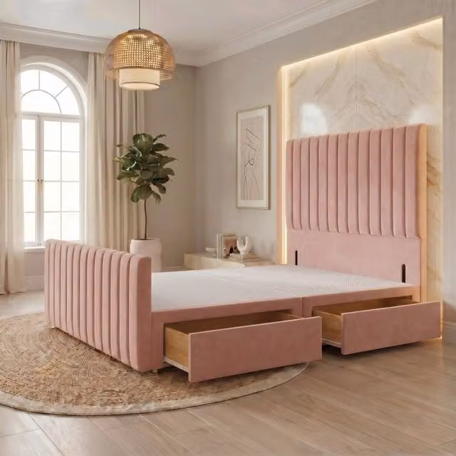 Somnior Eleanor Velvet Divan Base with 2 Drawers, 54 inch Headboard and 22 inch Footboard, Pink, W/D/H: 180 x 200 cm