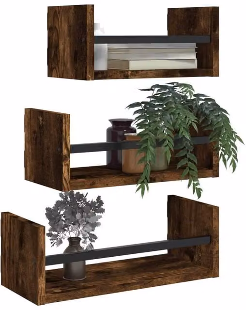Berkfield Home 3 Piece Wall Shelf Set with Bars in Smoked Oak Brown – 1