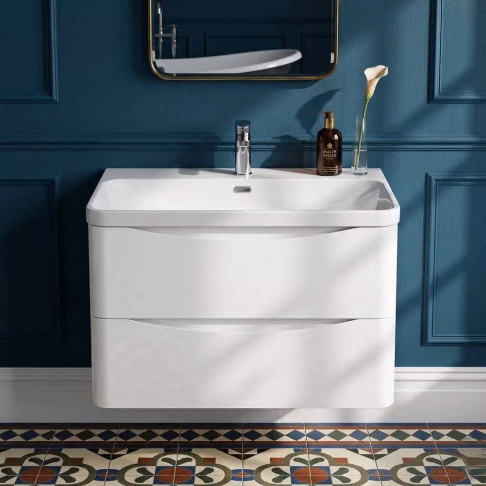 Balterley Arch Wall Hung 2 Drawer Bathroom Vanity with Ceramic Basin, White, Width: 80 cm – 3