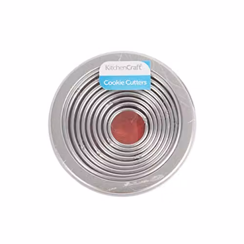 KitchenCraft Eleven Round Plain Silver Cookie Cutter Set with Metal Storage Tin