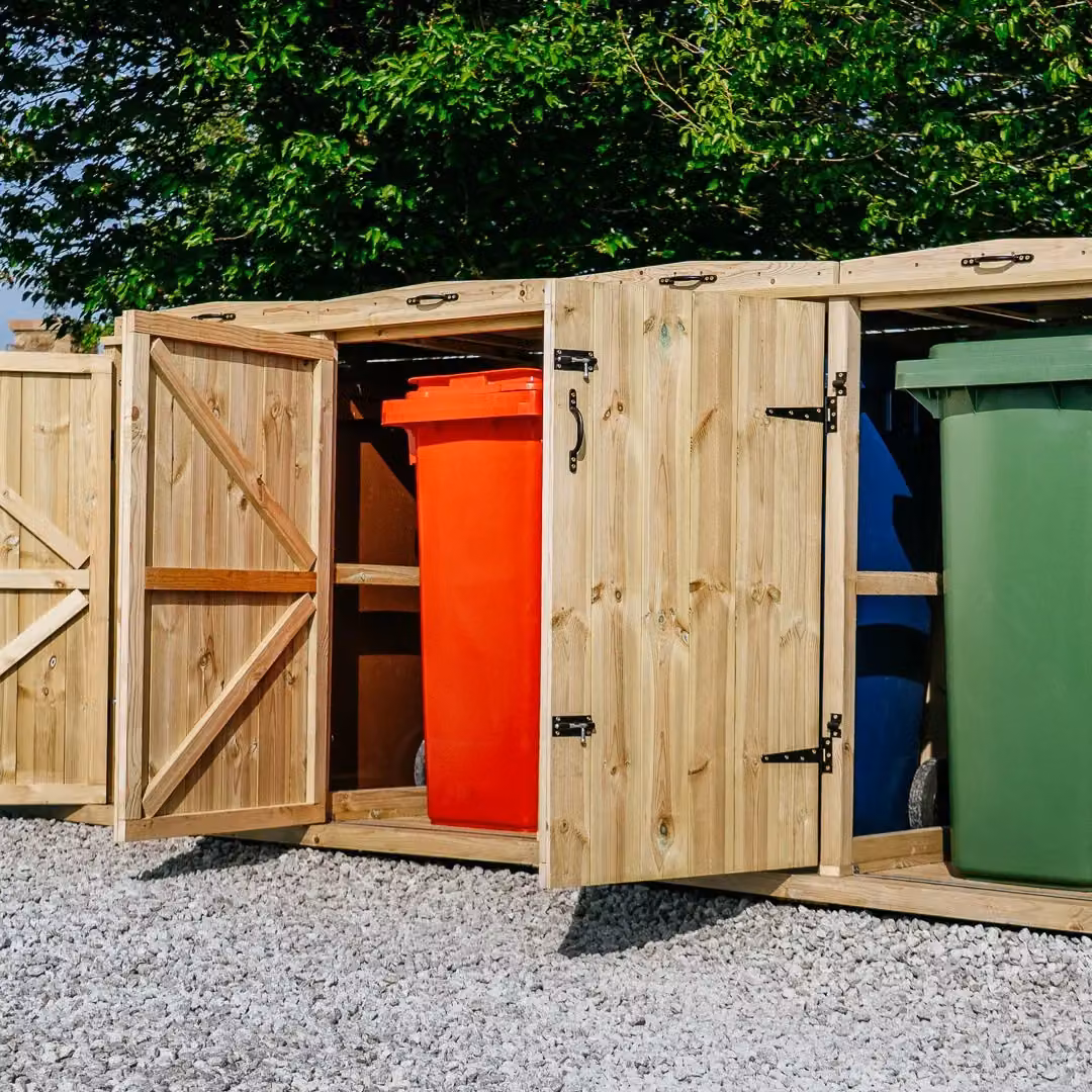 Buttercup Farm Chatburn Quad Timber Wheelie Bin Store in Brown, Fits 4 x 140L Bins, W: 120 cm, D: 64 cm, H: 97 cm – 3