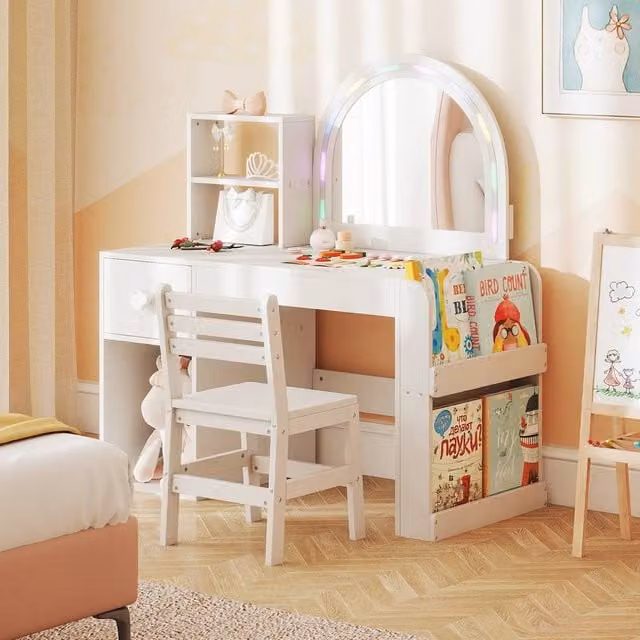Costway Kids Vanity Table and Chair Set with Lighted Mirror in White – 1