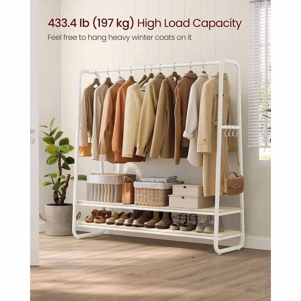 VOGREX White and Beige Open Wardrobe with Clothes Rail, 2 Shelves and Side Hooks, W: 138 cm, D: 45 cm, H: 160 cm – 2