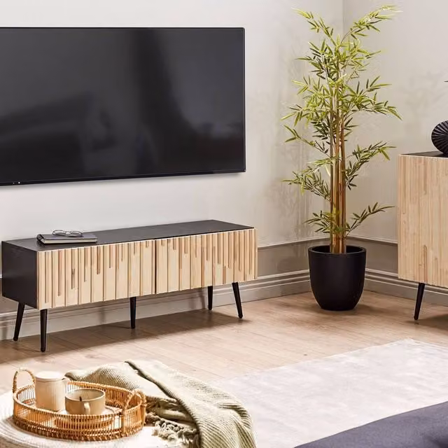 Wyld and Coco Industrial TV Stand with Black MDF Frame, Brown Rubberwood Doors and Iron Legs, W/D/H: 120 x 36 x 45 cm