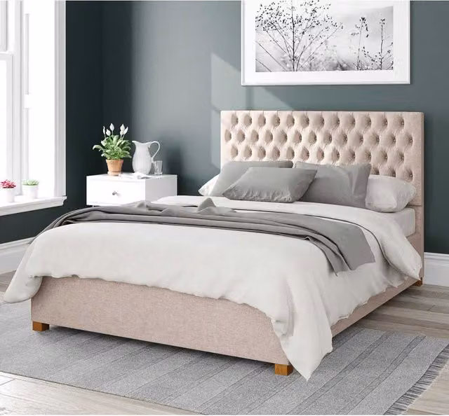 Aspire Nightingale Upholstered Ottoman Storage Bed in Beige Fabric, W/D/H: 200 x 190 x 35 cm