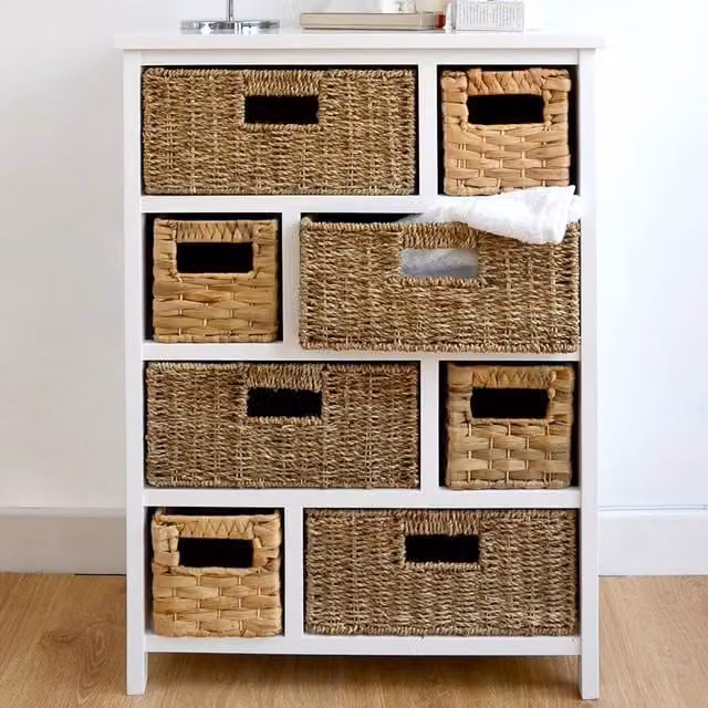Statement Furniture Tetbury 8 Drawer Storage Unit in White with Rattan Baskets, W/D/H: 80 x 34 x 56 cm