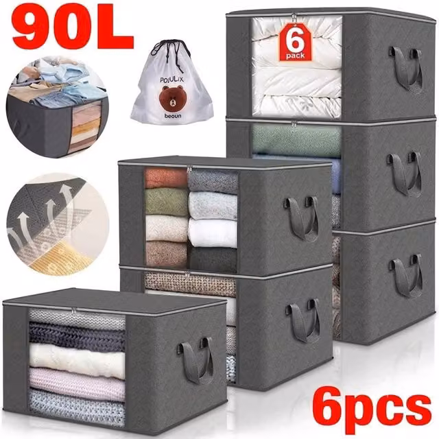 FLAVORA 6 Pack 90L Zipped Fabric Clothes Storage Bags in Grey, W/D/H: 50 x 50 x 50 cm