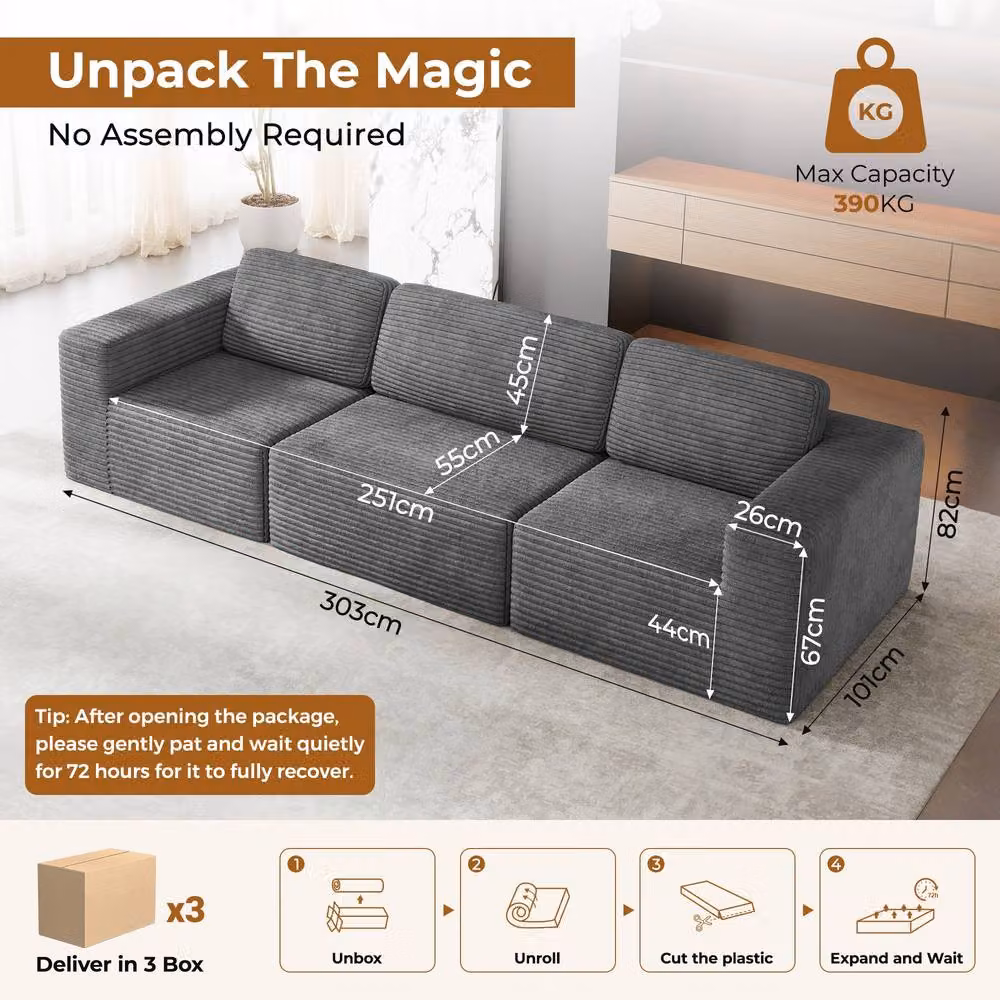 Dprodo Grey Corduroy Modular L-Shape Sofa with Matching Ottoman and Removable Covers – 2