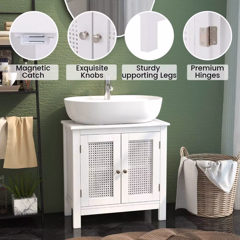 Costway White Pedestal Sink Storage Cabinet with 2 Rattan Hinged Doors and Internal Shelves – 7