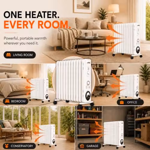 MYLEK 2500W Oil Filled Electric Radiator in White with Thermostat and Timer, W/H: 46 x 63 cm – 4
