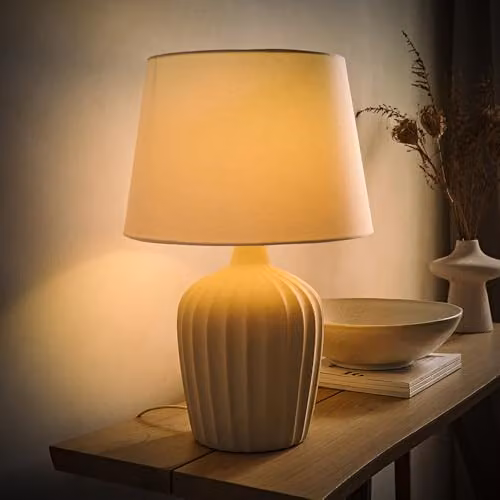 ValueLights Serena Natural Tapered Linen Lamp Shade Ribbed Ceramic Beige Table Lamp – 3