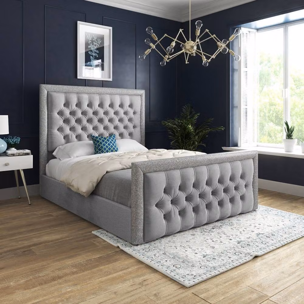 Casani Thorpe Grey Velvet Upholstered Designer Bed Frame with Glitter Border W/D/H: 120 x 200 x 83 cm – 2