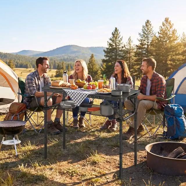 Outsunny Black Rectangular Folding Camping Table with Metal Frame and Mesh Storage Layer