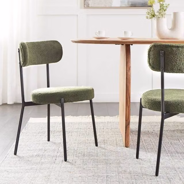 Wyld and Coco Set of 2 Dark Green Bouclé Dining Chairs with Black Metal Legs – 1