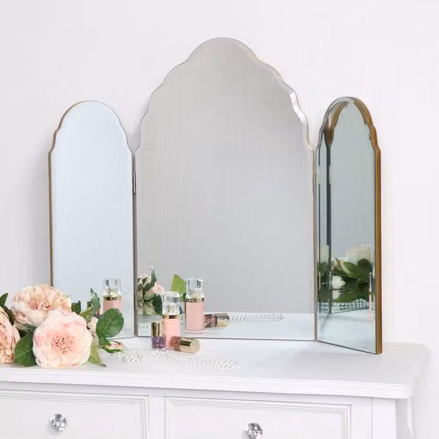 Melody Maison Art Deco Arched Triple Tabletop Vanity Mirror in Gold