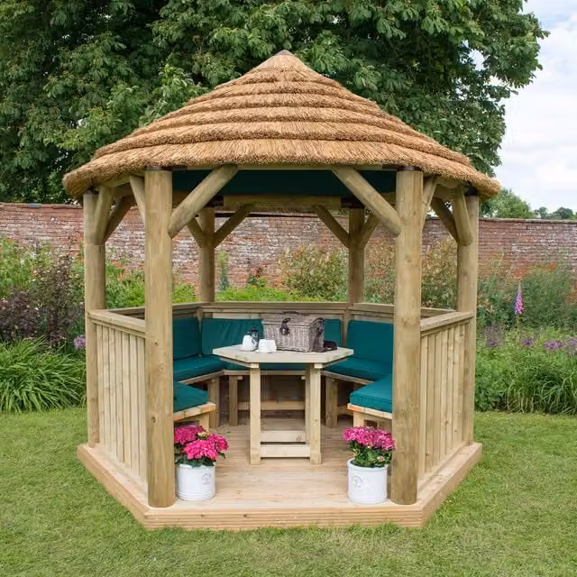Forest Green Hexagonal Garden Gazebo with Rustic Reed and Pine Wood Construction, 3 m Diameter