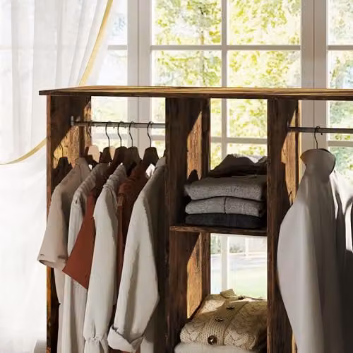 HOMCOM Double Open Mobile Wardrobe with Clothes Hanging Rails in Rustic Brown, W/D/H: 120 x 40 x 128 cm – 6