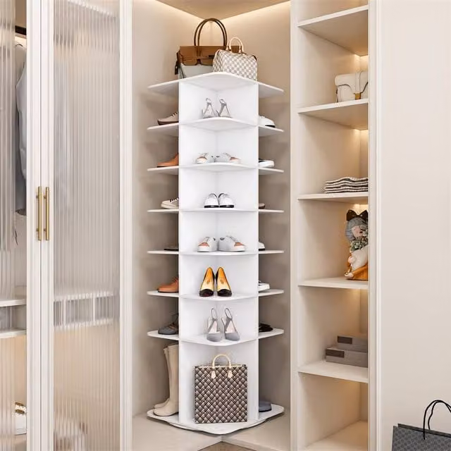 Direct Wicker White 7-Tier Rotating Shoe Rack with 28-Pair Capacity
