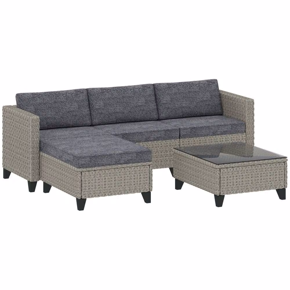 Wyld Haus Vema Dark Grey L Shaped Outdoor Rattan Corner Sofa Set with Ottomans, Coffee Table and Upholstered Cushions – 2