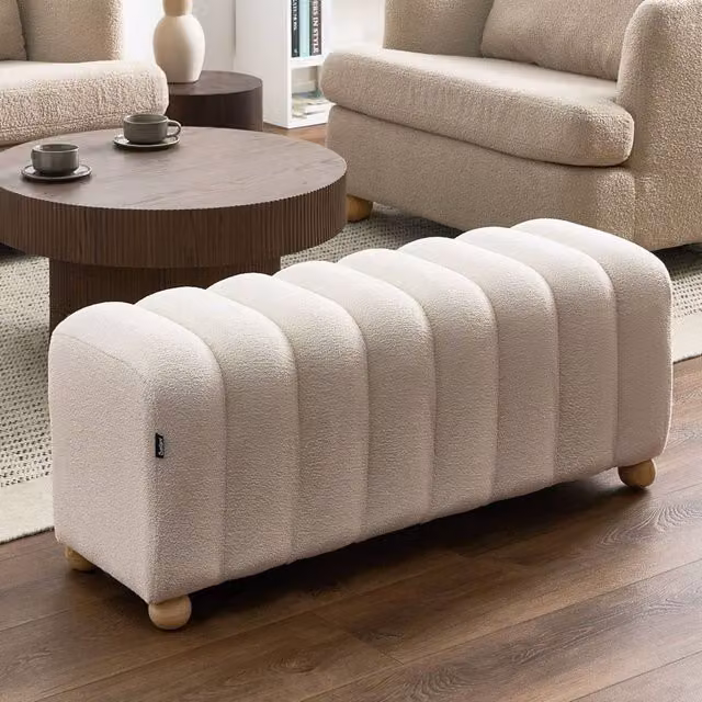 Wyld and Coco Off-White Boucle Bed Bench with Round Rubberwood Legs in White – 1
