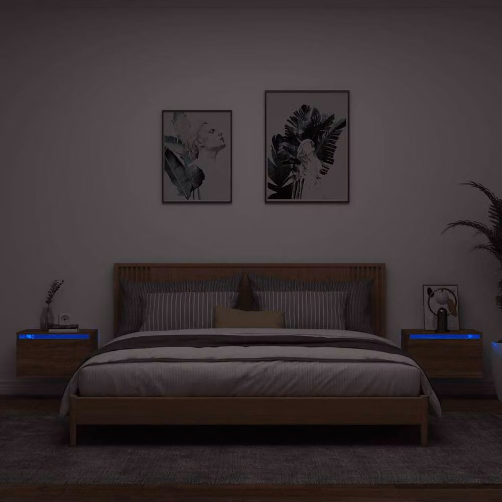 Berkfield Home Set of 2 Wall-mounted Modern Bedside Cabinets with Integrated LED Lights in Brown Oak – 2