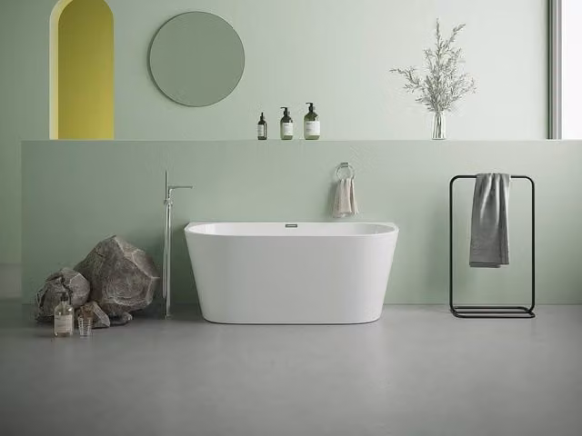 Vente-unique White Acrylic Asymmetric Semi-Island Freestanding Bathtub, W/D/H: 130 x 75 x 58 cm, 175 l – 1