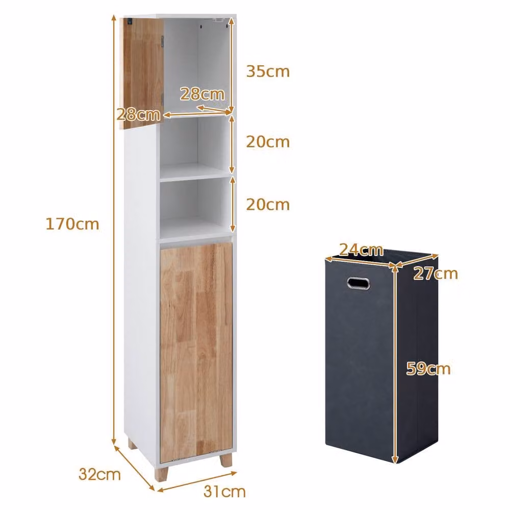 Gymax White Tilt Out Laundry Hamper Cabinet and Tall Bathroom Organiser with Internal Shelves, Height: 170 cm – 2