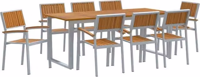 Berkfield Home Modern Garden Dining Set of 9 in Grey with Wood Tone Metal and Teak Finish