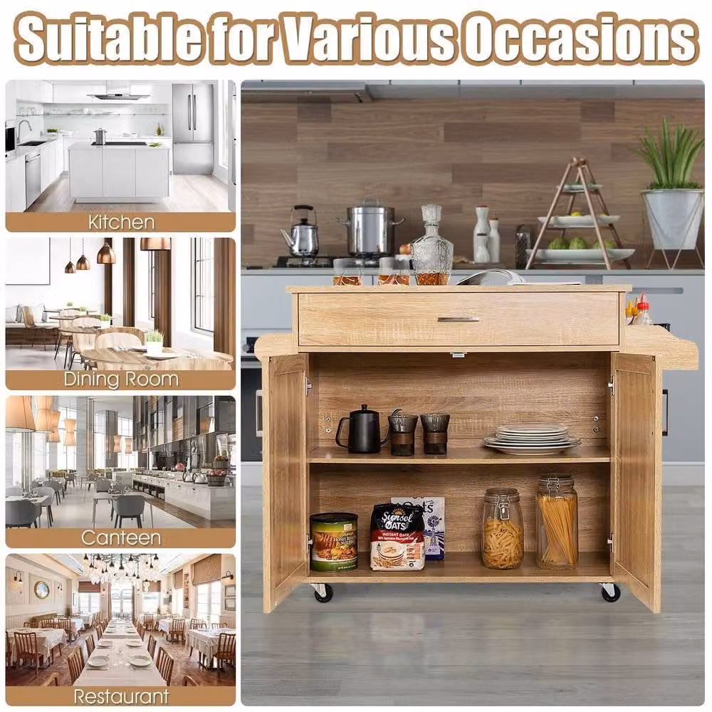 Gymax Modern Kitchen Trolley Island with Rolling Cart Shelves, Cupboard, Drawer and Glass, Beige – 2