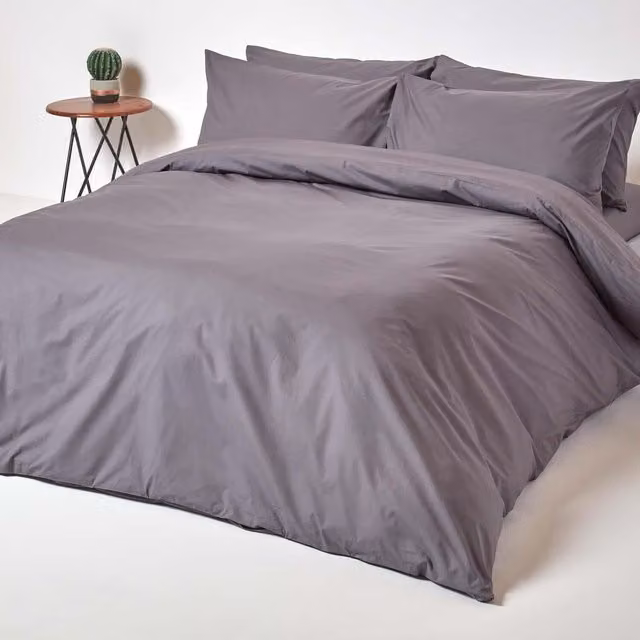 Homescapes Grey Combed Cotton Percale Duvet Cover and Pillowcase Set, W: 180 cm x D: 200 cm