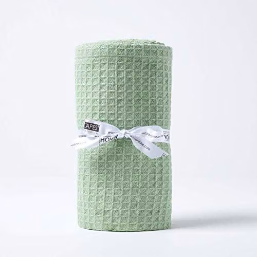 Homescapes Organic Cotton Waffle Pique Throw, Green, W/D/H: 125 x 150 cm