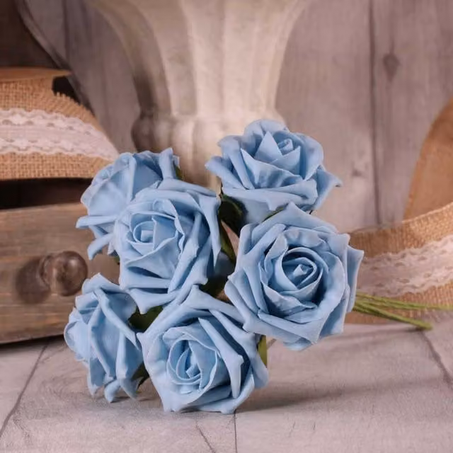 Kingsbury Gifts Bunch of 6 Small Foam Tea Roses in China Blue
