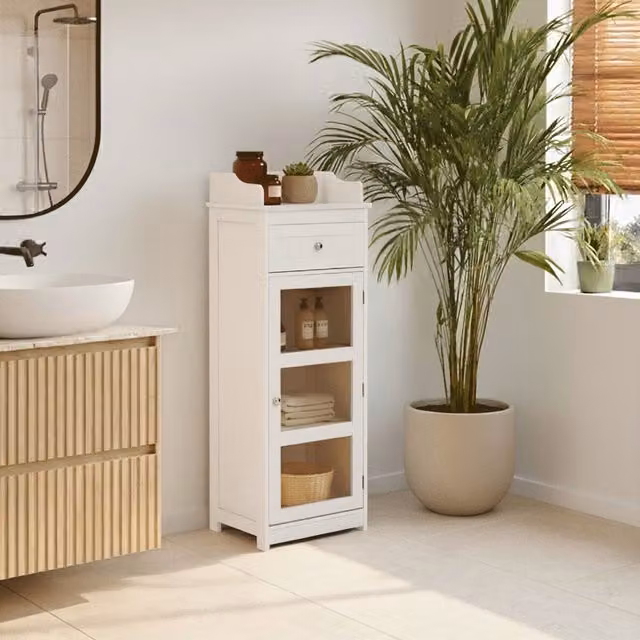 Orsina Modern White Glass Door Floor Standing Slim Storage Cabinet with Internal Shelves and Drawers, H 119 x W 45 x D 33 cm – 2